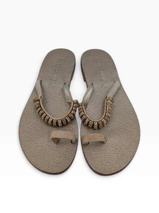 Gold Toe-Ring Leather Sandals With Crystal Beaded Arch Strap