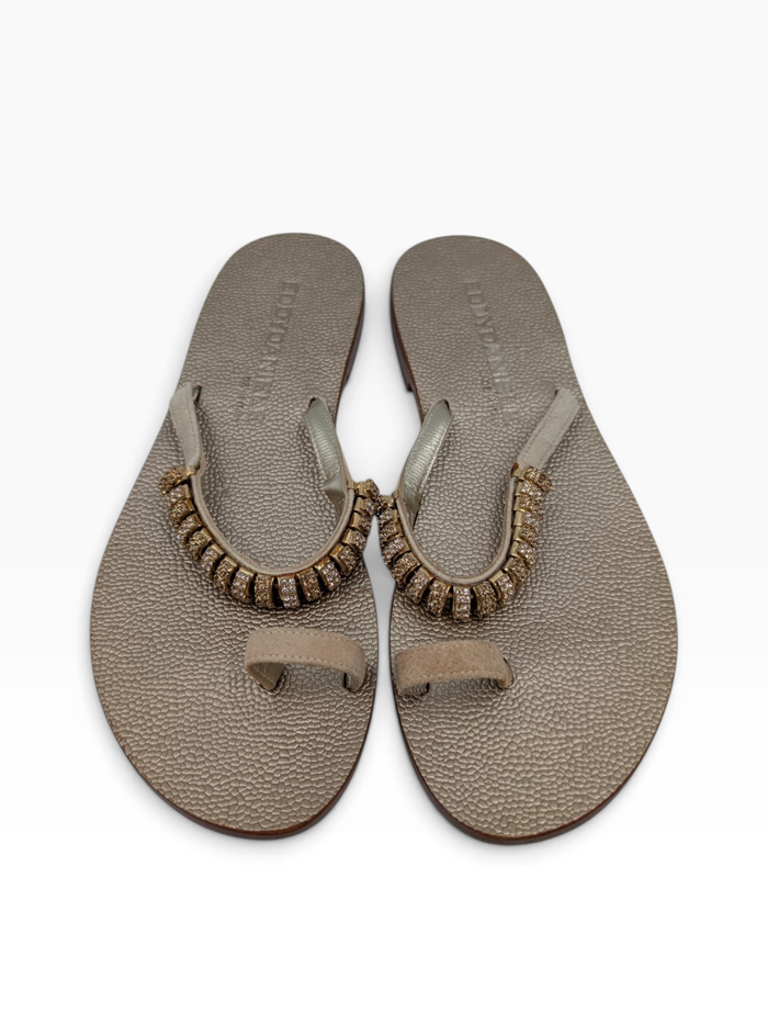 Gold Toe-Ring Leather Sandals With Crystal Beaded Arch Strap