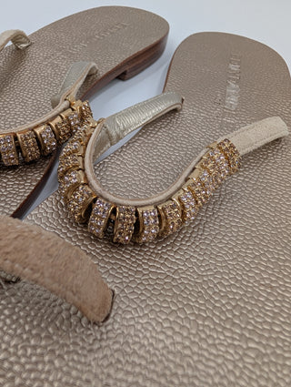 Gold Toe-Ring Leather Sandals With Crystal Beaded Arch Strap