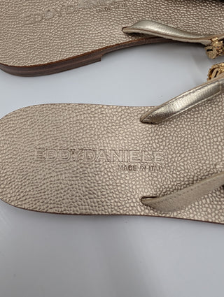Gold Toe-Ring Leather Sandals With Crystal Beaded Arch Strap