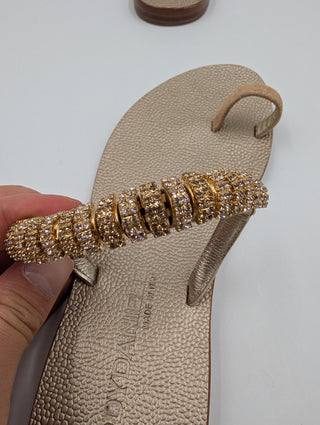 Gold Toe-Ring Leather Sandals With Crystal Beaded Arch Strap