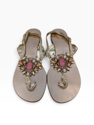 Pink Leather Sandals With Gemstome Embellishment
