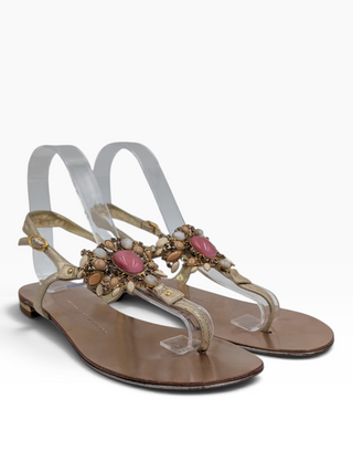 Pink Leather Sandals With Gemstome Embellishment