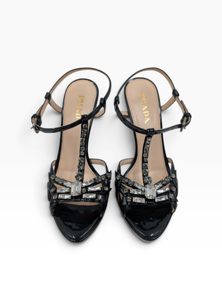 Black Patent Leather Crystal Embellishment T-Strap Platform Heels