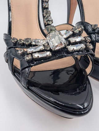 Black Patent Leather Crystal Embellishment T-Strap Platform Heels