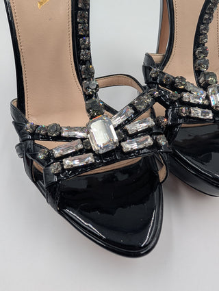 Black Patent Leather Crystal Embellishment T-Strap Platform Heels