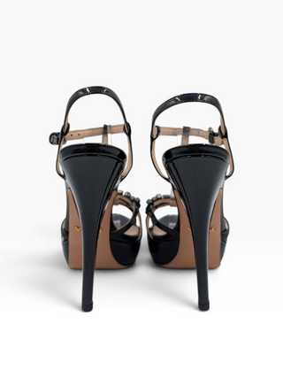 Black Patent Leather Crystal Embellishment T-Strap Platform Heels
