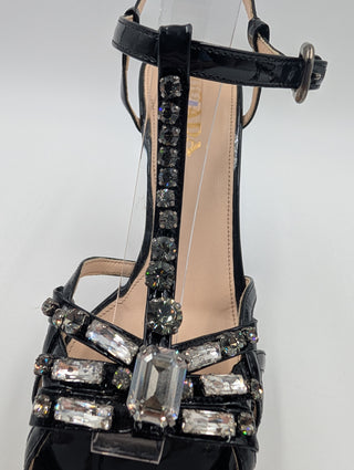 Black Patent Leather Crystal Embellishment T-Strap Platform Heels