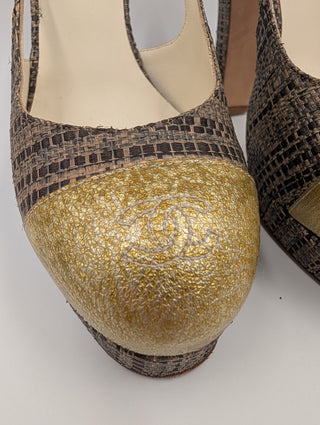 Brown Tweed 2010 Interlocking Cc Logo Slingback Pumps