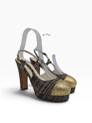Brown Tweed 2010 Interlocking Cc Logo Slingback Pumps