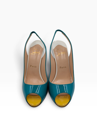 Tri-Color Patent Leather Peep-Toe Slingback Pumps