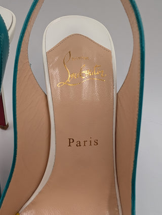 Tri-Color Patent Leather Peep-Toe Slingback Pumps