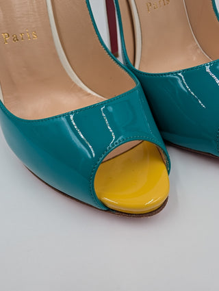 Tri-Color Patent Leather Peep-Toe Slingback Pumps