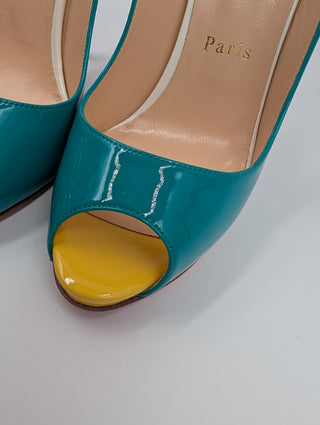 Tri-Color Patent Leather Peep-Toe Slingback Pumps