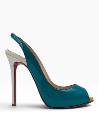Tri-Color Patent Leather Peep-Toe Slingback Pumps
