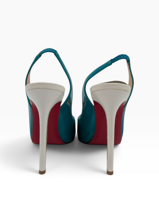 Tri-Color Patent Leather Peep-Toe Slingback Pumps