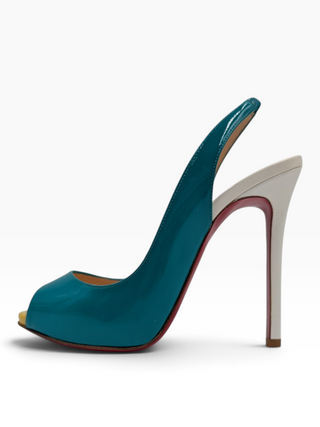 Tri-Color Patent Leather Peep-Toe Slingback Pumps