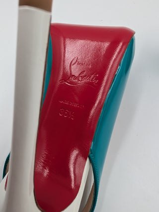 Tri-Color Patent Leather Peep-Toe Slingback Pumps
