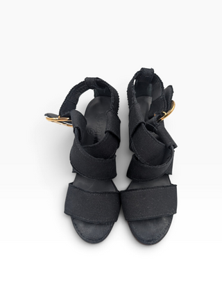 Black Canvas Wedge Open Toe Ankle Strap Sandals