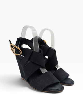 Black Canvas Wedge Open Toe Ankle Strap Sandals