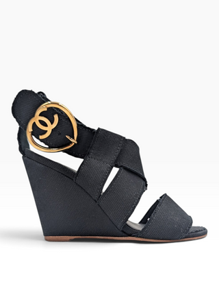 Black Canvas Wedge Open Toe Ankle Strap Sandals