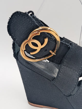 Black Canvas Wedge Open Toe Ankle Strap Sandals