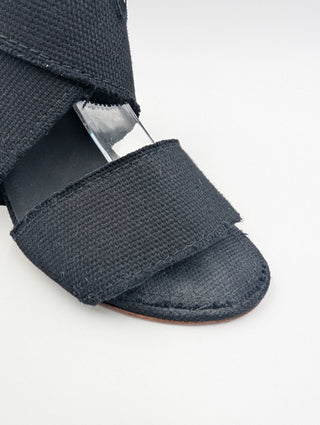 Black Canvas Wedge Open Toe Ankle Strap Sandals