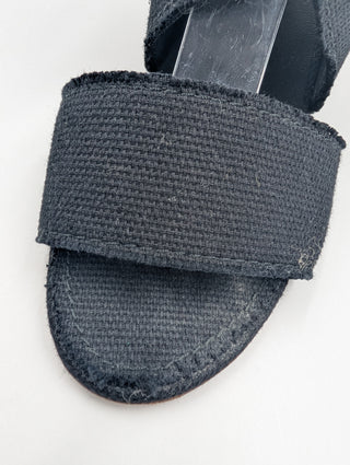 Black Canvas Wedge Open Toe Ankle Strap Sandals