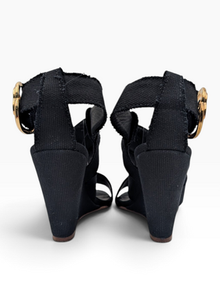 Black Canvas Wedge Open Toe Ankle Strap Sandals