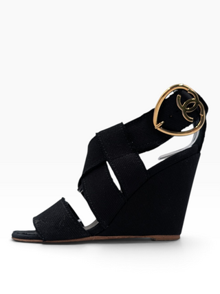 Black Canvas Wedge Open Toe Ankle Strap Sandals