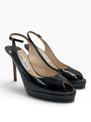 Black Patent Leather Peep-Toe Slingback Heels