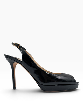 Black Patent Leather Peep-Toe Slingback Heels
