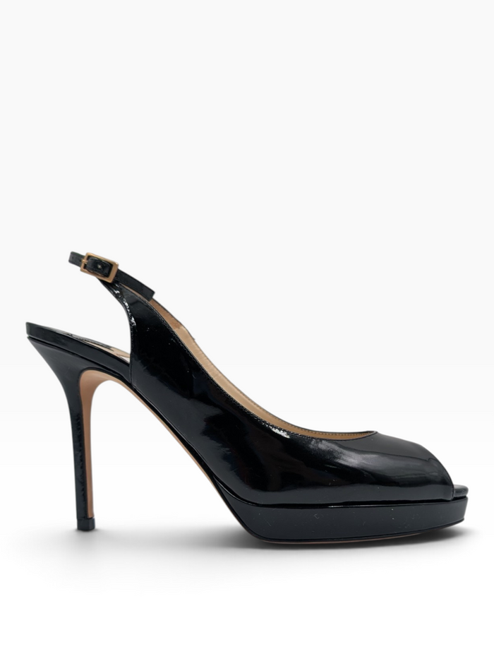 Black Patent Leather Peep-Toe Slingback Heels