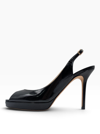 Black Patent Leather Peep-Toe Slingback Heels