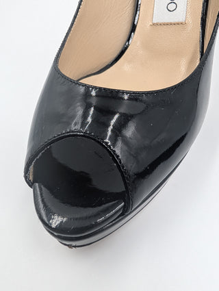 Black Patent Leather Peep-Toe Slingback Heels