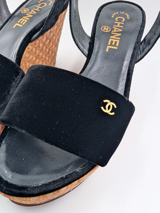 Black Velvet Wedge Platform Sandals