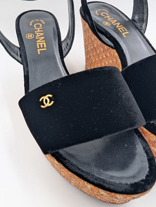 Black Velvet Wedge Platform Sandals