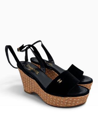 Black Velvet Wedge Platform Sandals