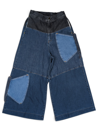 Baggy Flared Two Tone Denim Jeans With Black Waist