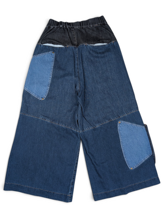Baggy Flared Two Tone Denim Jeans With Black Waist