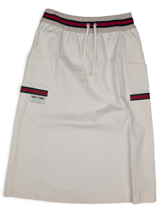 Cream Polyester Canvas Mid-Waist Panama Drawstring Cargo Skirt