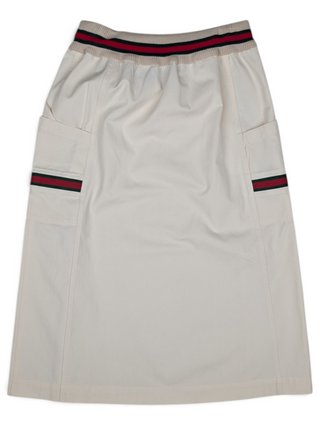 Cream Polyester Canvas Mid-Waist Panama Drawstring Cargo Skirt