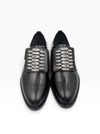 Black Leather Slip On Loafers With Crystal Buckle And Zipper Detail