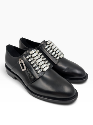 Black Leather Slip On Loafers With Crystal Buckle And Zipper Detail