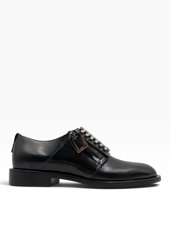 Black Leather Slip On Loafers With Crystal Buckle And Zipper Detail