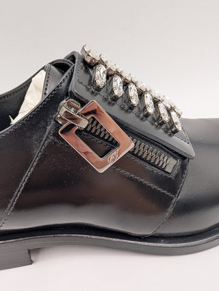 Black Leather Slip On Loafers With Crystal Buckle And Zipper Detail
