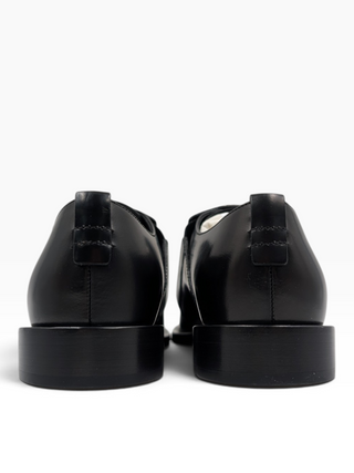 Black Leather Slip On Loafers With Crystal Buckle And Zipper Detail
