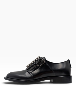 Black Leather Slip On Loafers With Crystal Buckle And Zipper Detail