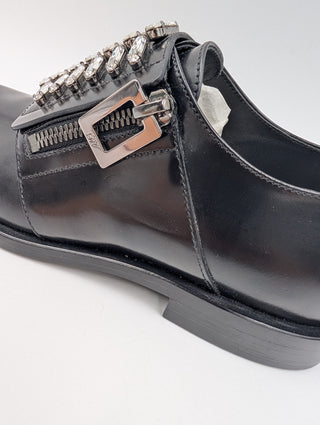 Black Leather Slip On Loafers With Crystal Buckle And Zipper Detail