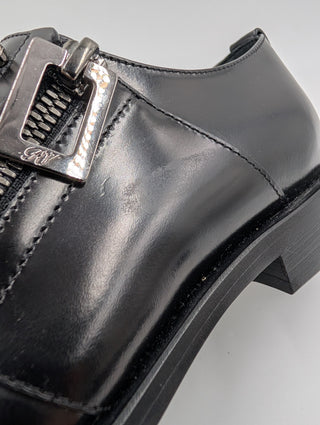 Black Leather Slip On Loafers With Crystal Buckle And Zipper Detail